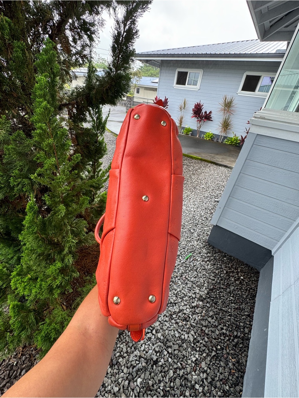 MCM Coral Red Embossed Leather Satchel Shoulder Bag Crossbody - Picture 12 of 12